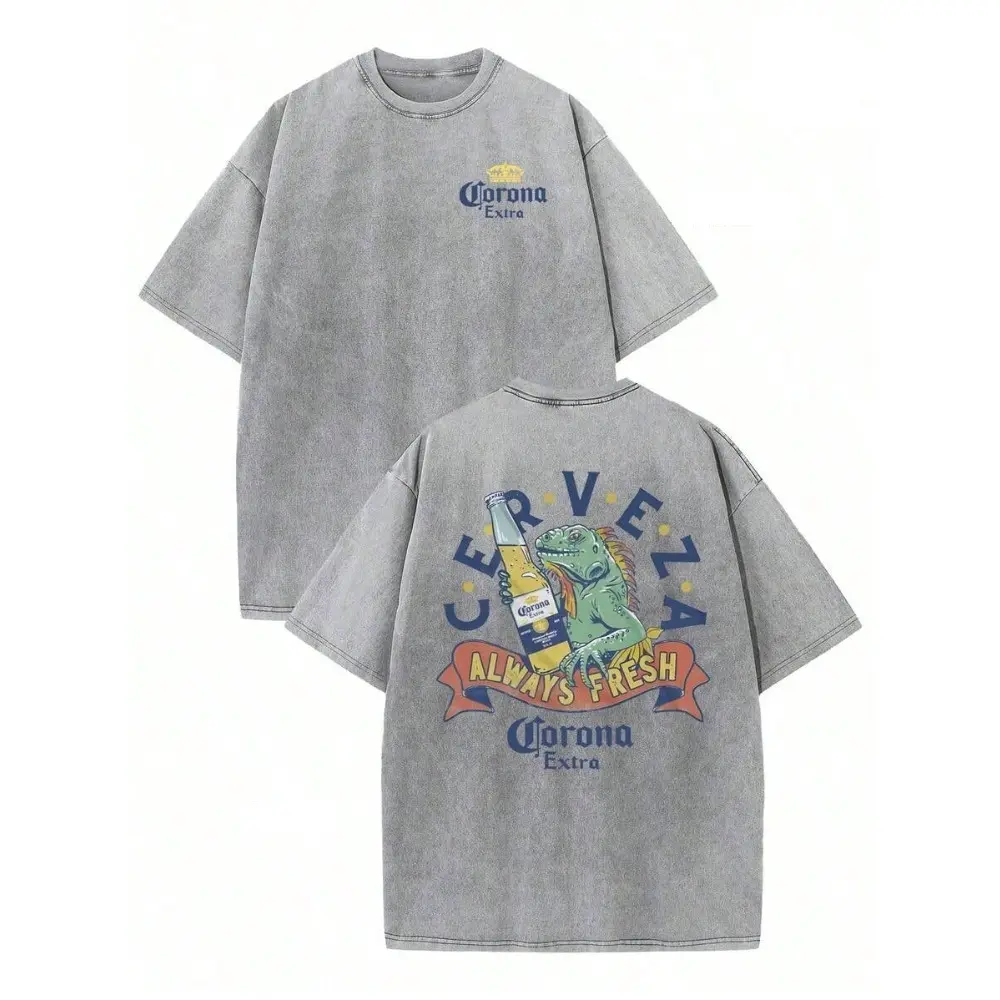 Vintage Washed Lizard Beer Graphic Tee – Oversized Retro Streetwear Double-Sided Print Casual T-Shirt for Men | Summer Beach Party Vacation Gift