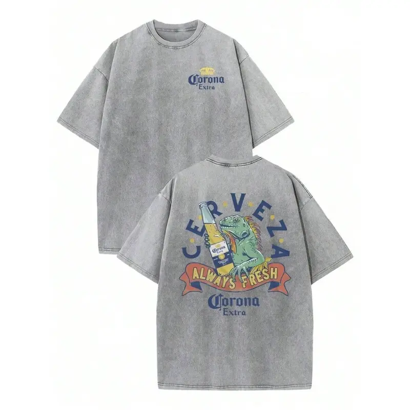 Vintage Washed Lizard Beer Graphic Tee – Oversized Retro Streetwear Double-Sided Print Casual T-Shirt for Men | Summer Beach Party Vacation Gift