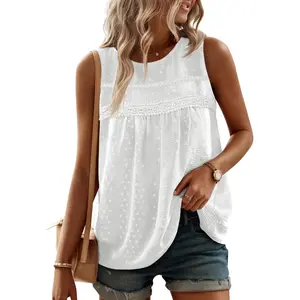 Women's Loose-Fit Swiss Dot Sleeveless Crew Neck Camisole, Casual Summer Tank Top Blouse