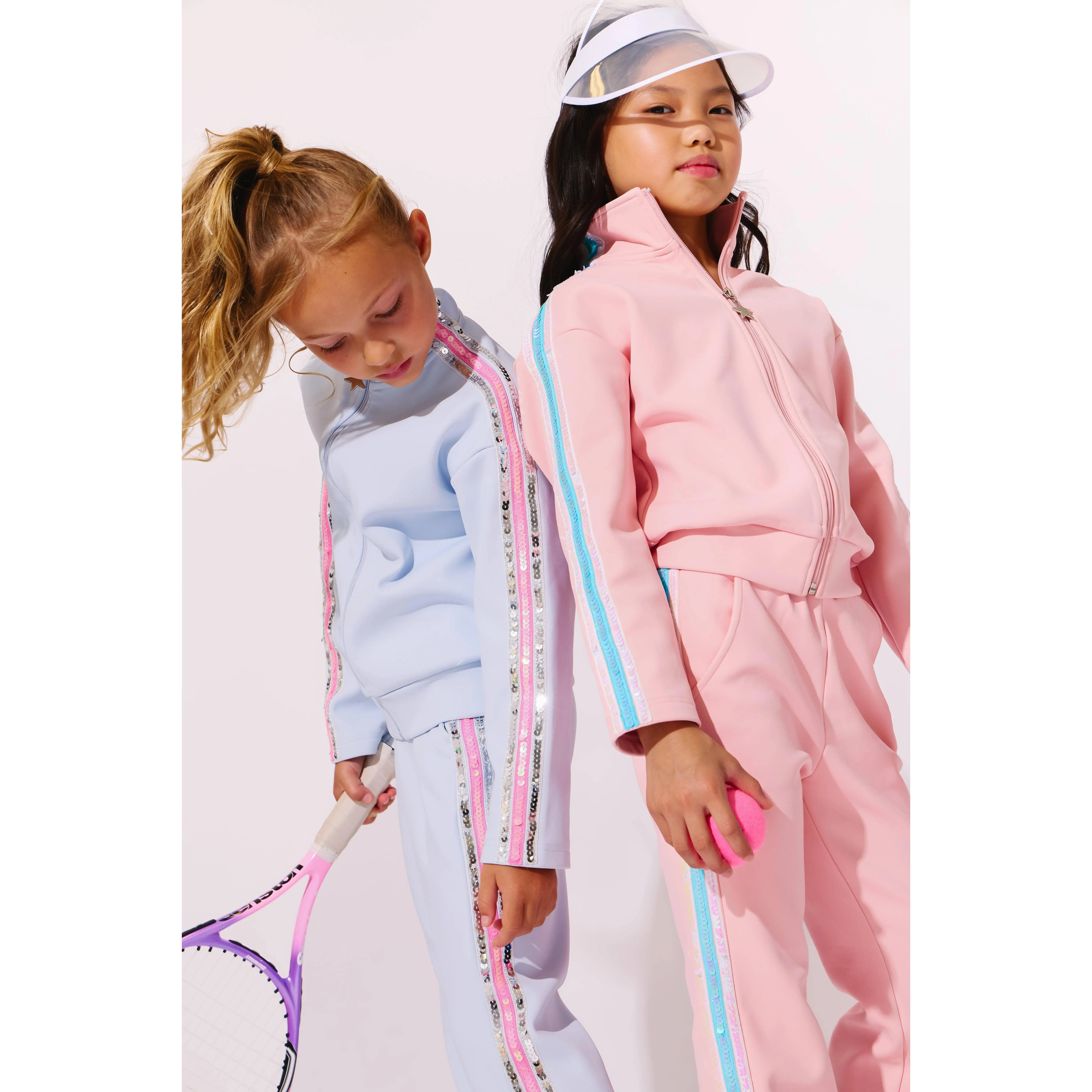 Women's Scuba Tracksuit with Rainbow Sequin Stripes - Sporty Chic Matching Activewear Set with Full-Zip Jacket and Flared Pants
