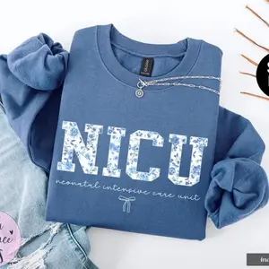 Blue Toile NICU Nurse Sweatshirt, Neonatal ICU Nurse Hoodie, Boho Floral Nurse Gift