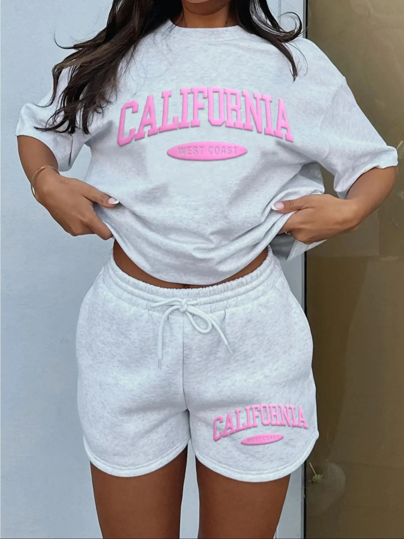 Women's Soft Knitted Bubble Print Round Neck Short Sleeve T-Shirt Drawstring Waist Adjustable Shorts Set, Womenswear Casual Loose Fashion Everyday Daily Clothing