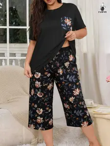 Women's Plus Size Knitted Pajama Set, Floral Print Short Sleeve Top and Seven-Quarter Pants, Casual Loose-Fitting Sleepwear for All Seasons