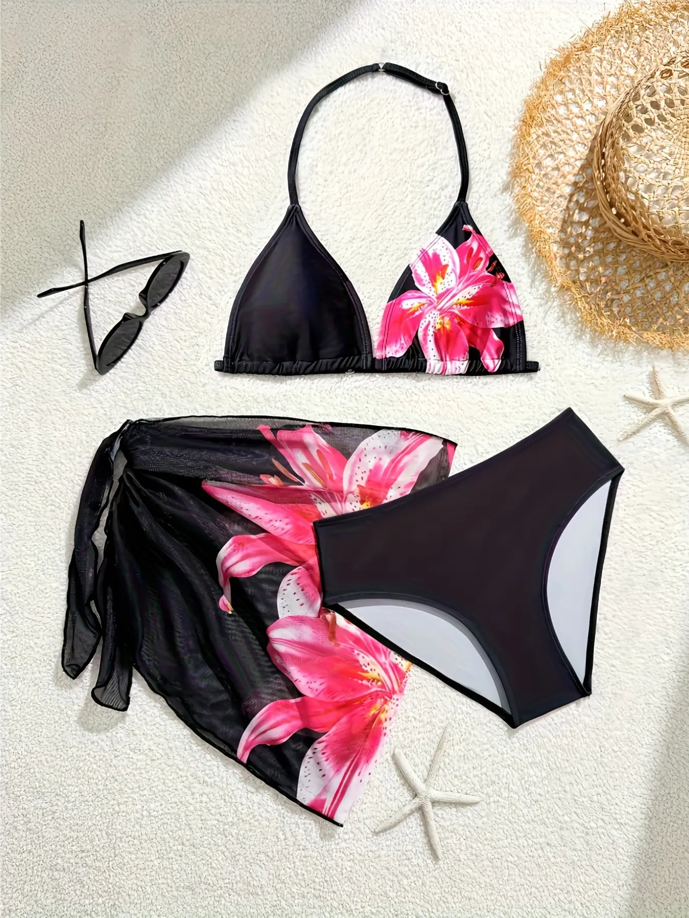 Girls' 3-Piece Swimwear Set, Thin Shoulder Straps, Summer Beach Swimsuit, Swimsuit Sets, Swimsuit Style, Floral Pattern, Backless Triangle Bikini, Triangle Bathing Suit Kid, Suitable for Girls & Kids