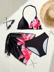 Girls' 3-Piece Swimwear Set, Thin Shoulder Straps, Summer Beach Swimsuit, Floral Pattern, Backless Triangle Bikini, Suitable for Girls & Kids