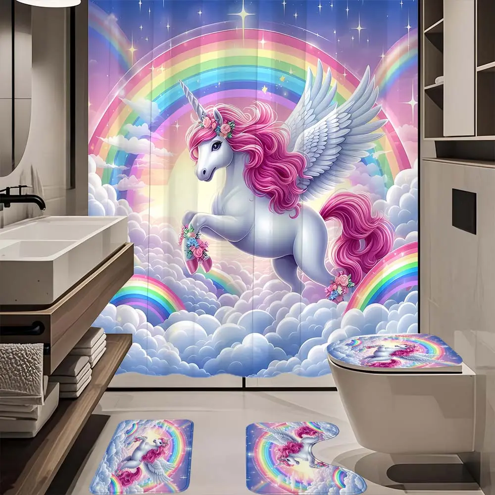 1/4pc cloud rainbow unicorn pattern bathroom set,The 4-piece set includes a single shower curtain, anti slip floor mat, toilet U-shaped mat, toilet lid mat, with shower curtain hook, and belongs to bathroom decoration products