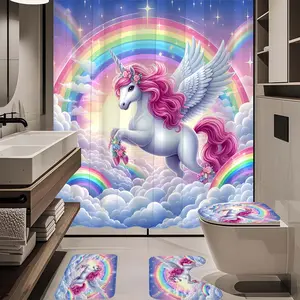 1/4pc cloud rainbow unicorn pattern bathroom set,The 4-piece set includes a single shower curtain, anti slip floor mat, toilet U-shaped mat, toilet lid mat, with shower curtain hook, and belongs to bathroom decoration products