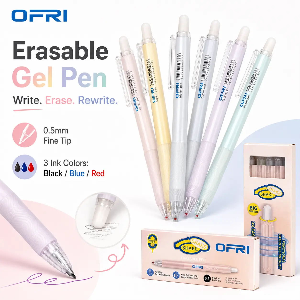 5 PCS Magic Ink Erasable Gel Pens Set - 0.5mm Fine Point, Writes Like a Gel Pen, Erases by Friction, Perfect for Kids Homework, Personalized teacher gift,Drawing & Mistakes-Free Writing (Black Blue Red) summerwins