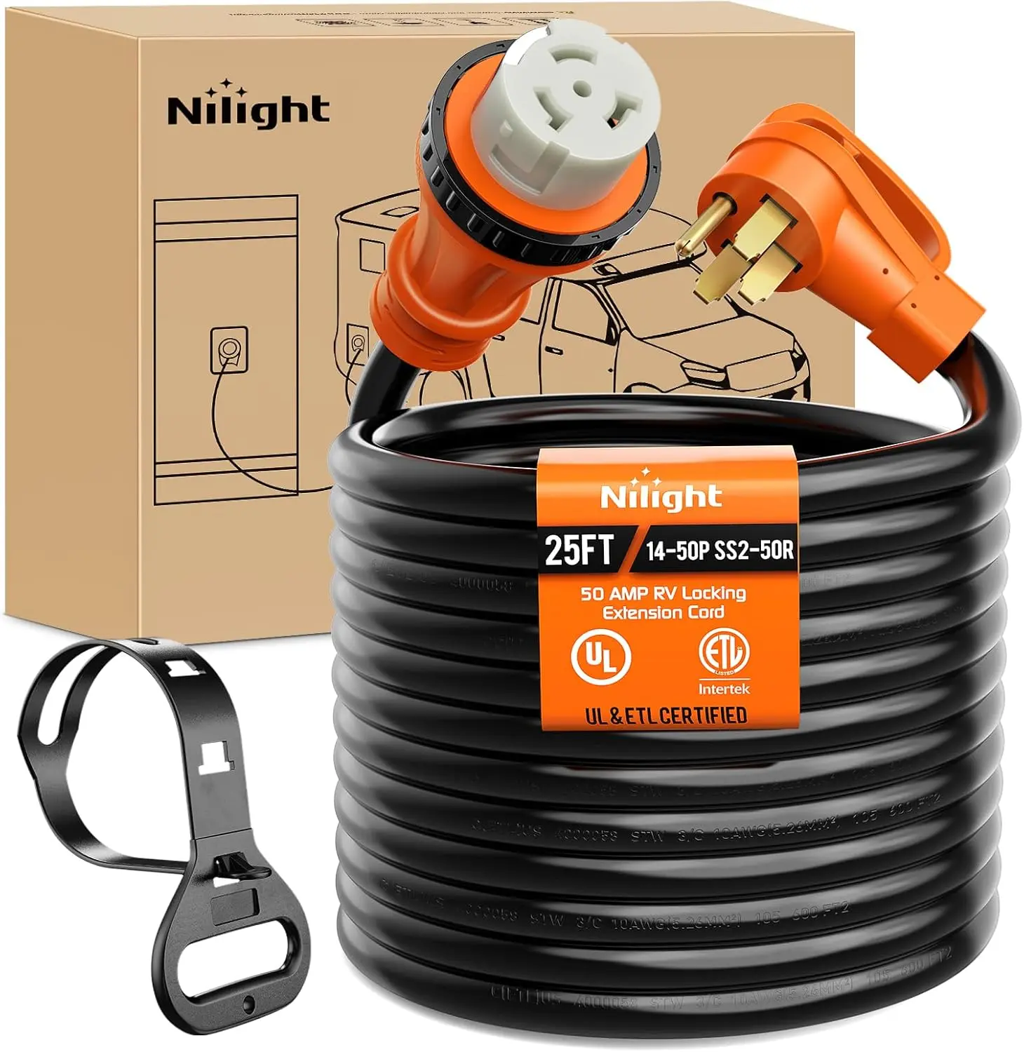 Nilight 50 Amp 25FT RV Locking Extension Cord 250V Heavy Duty 6/3+8/1 Gauge Pure Copper STW Wire ETL Listed 4 Prong 14-50P SS2-50R 50F/50M Cable Suit for Trailer Campers Caravan Outdoor Home