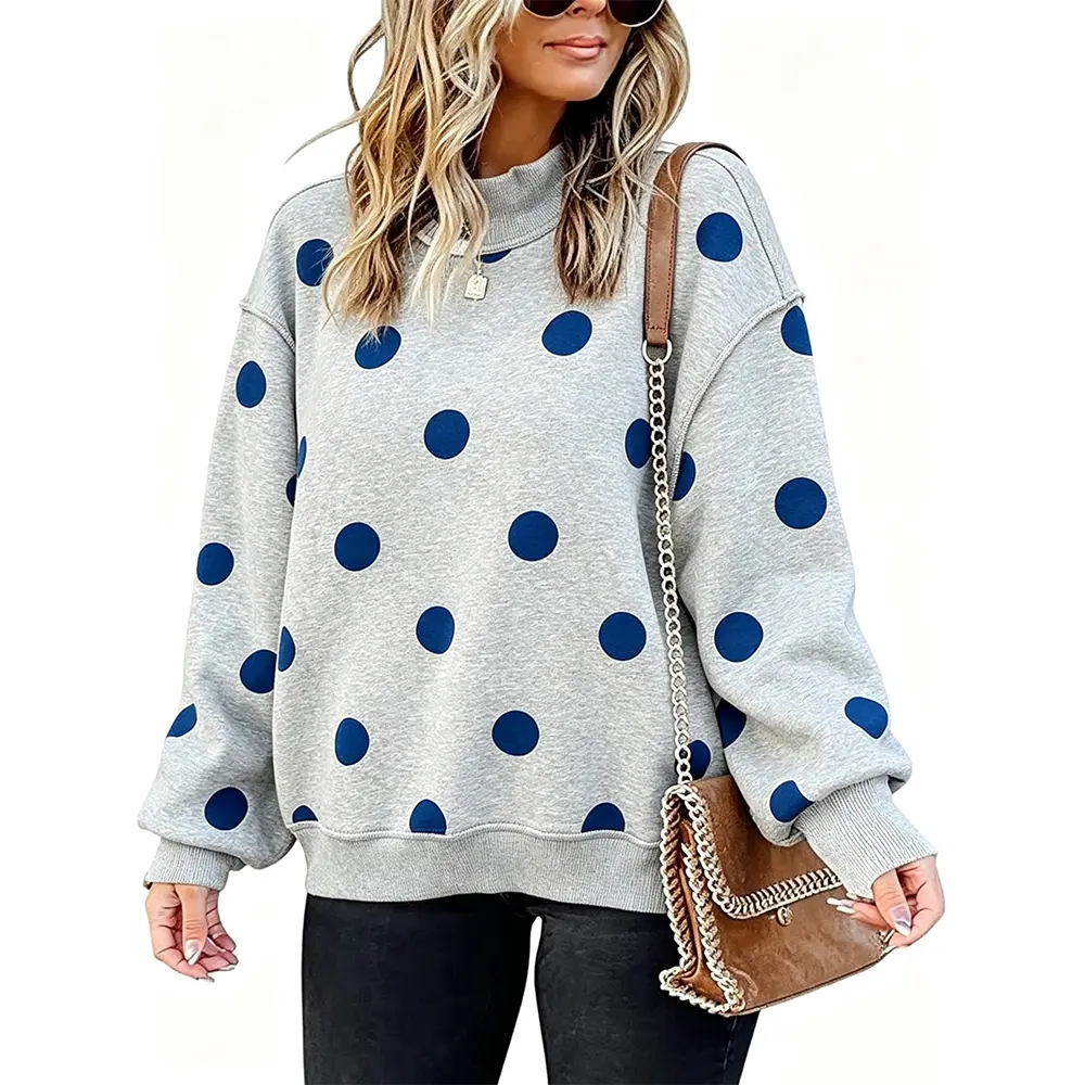2026 Autumn Winter Warm Pullover Sweatshirts for Women, Mock Neck Loose Fit Polka Dot Print Thick Fleece Lined Casual Basic Tops
