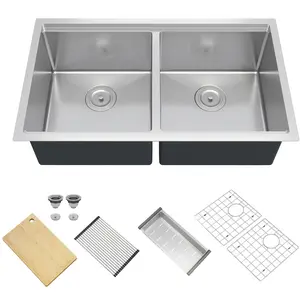 Hand-welded 304 stainless steel undermount sinks in single or double bowl designs, with or without a ledge. Choose from a full range of sizes—30x19, 33x19, 36x19, 27x18, 22x18, and 36x18 inches—and select between standard or deluxe accessory sets.