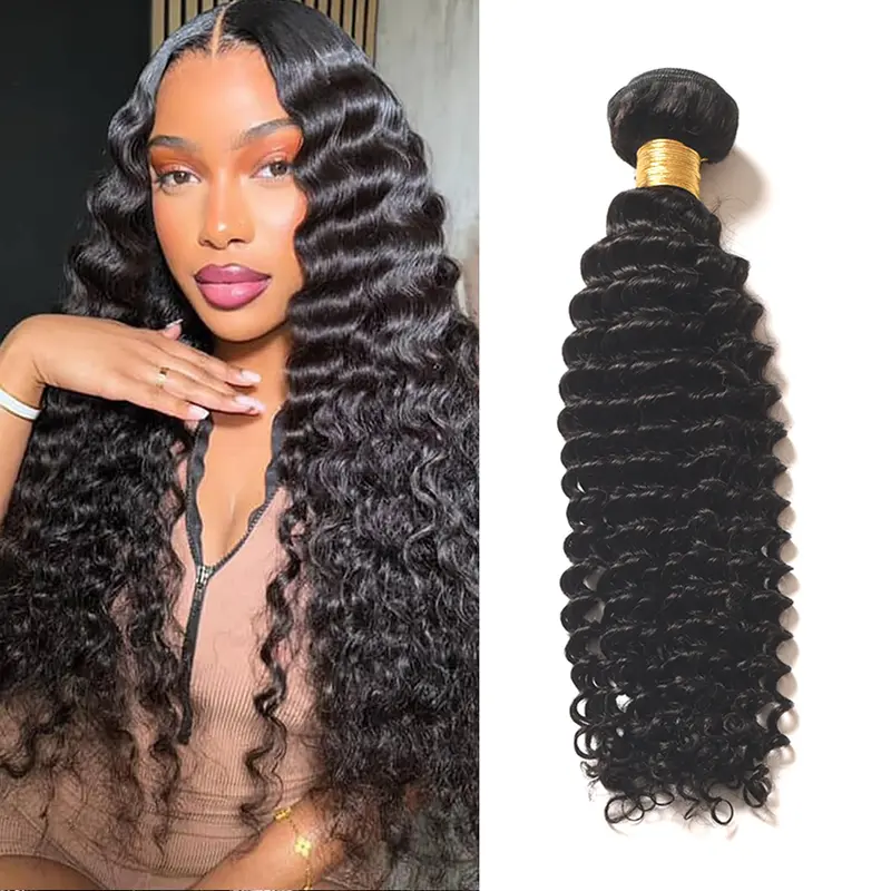 Natural Black Deep Wave Human Hair Bundles Natural Color Brazilian Hair Extensions For Woman