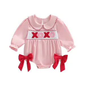 Meihuida Toddler Baby Girl Valentines Day Outfit Bubble Romper Embroidery XOXO Long Sleeve Onesie Spring Clothes