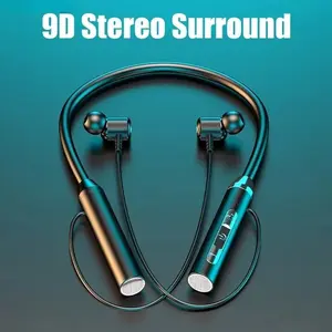 9D Wireless Bluetooth Headphones, Durable Plastic Magnetic Sport Neckband Earbuds with Mic, USB Rechargeable Neck-Hanging Cable-Free Comfy Audio Device
