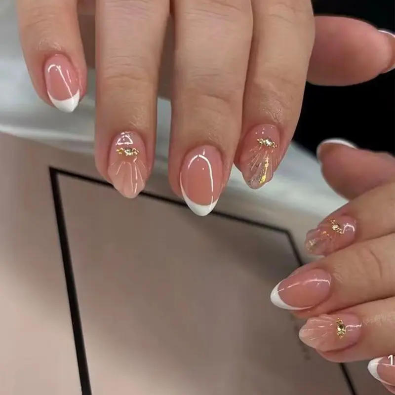 24pcs Short Oval Nude Base Fake Nails Kit, Pressed on Nails, French Edge, Shell Pattern, Decor, Reusable, Beginner Friendly, Includes Jelly Glue and Nail File, False Nail Set