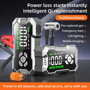 16800mAh Ultra-Safe Jump Starter – Starts all 12V battery vehicles. Features 150 PSI air compressor, 45W fast charging, tire pressure check, and LED light. Includes jumper cables, air hose, storage bag, and 4-in-1 charging cable