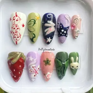 Hand-painted Whimsical Almond Press On Nails, Funny Nail Set with Strawberry, Miffy, Unique Summer Nails, Party Nails, Holiday Nails, Gifts.
