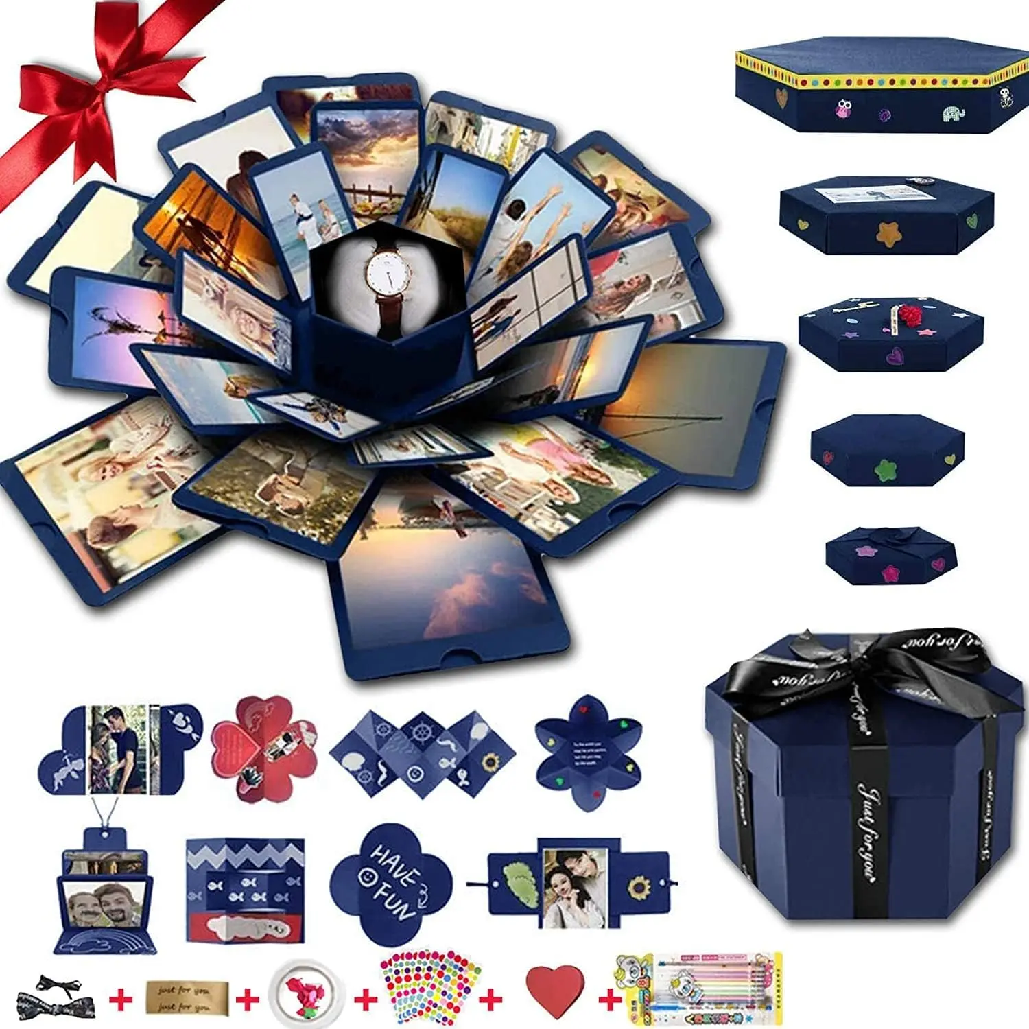 Explosion Box, DIY Explosion  Box Assembled Handmade Big Photo Boxes with 6 Faces for Birthday , Mother's Day, Wedding or Valentine's Day (Blue)