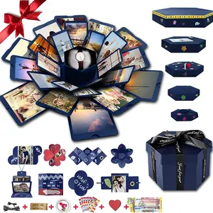 Explosion Box, DIY Explosion  Box Assembled Handmade Big Photo Boxes with 6 Faces for Birthday , Mother's Day, Wedding or Valentine's Day (Blue)