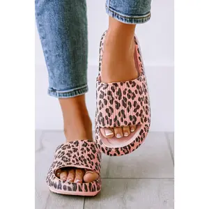 Pink Leopard Print Thick Sole Slip On Slippers