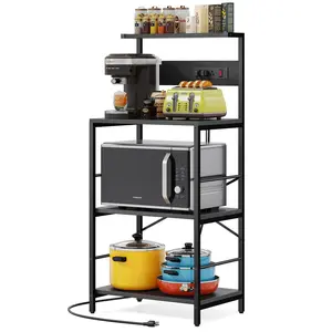 Bakers Rack with 3 Power Outlets, 4-Tier Microwave Stand, 23.6”L x 15.7”W x 51.2”H, Black, Multi-Purpose Storage Rack