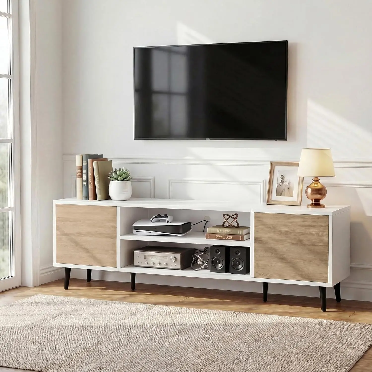 Furmax 58" Mid-Century Modern TV Stand, Media Console Table with Push-Open Cabinets & Particle Board Construction, Entertainment Center for Living Room, Fits 65 in TV, Easy Assembly,Oak