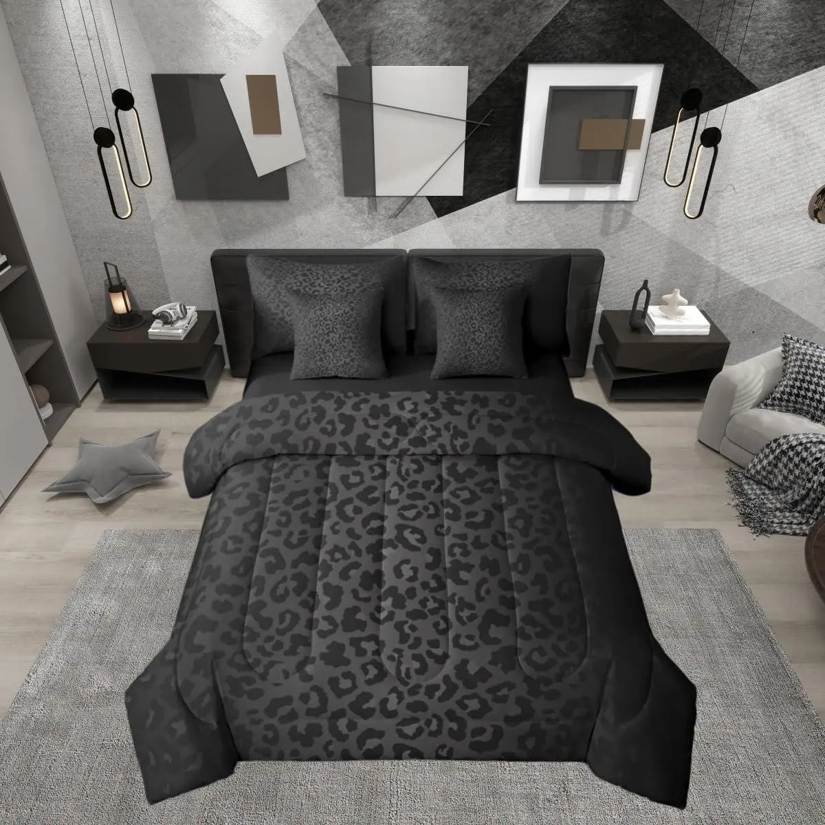 Feelyou 7-Piece Black Ombre Grey Leopard Print Queen Bed Comforter Set - Breathable Animal Skin Pattern Bedding Set for Adults, Fits Full (7 pcs) & King Beds, Coastal Bedding with Animals Design