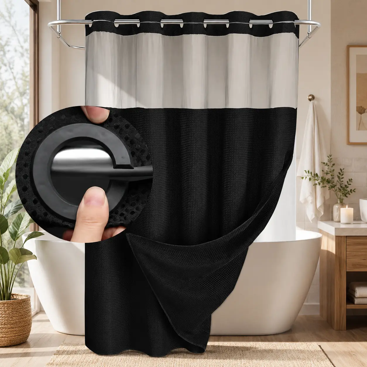 Double-layer waffle-pattern shower curtain — hookless snap-closure lining, waterproof inner layer and washable white outer layer; modern bathroom accessory suitable for home, hotel, salon, dormitory, and home decor; 72 x 75 inches