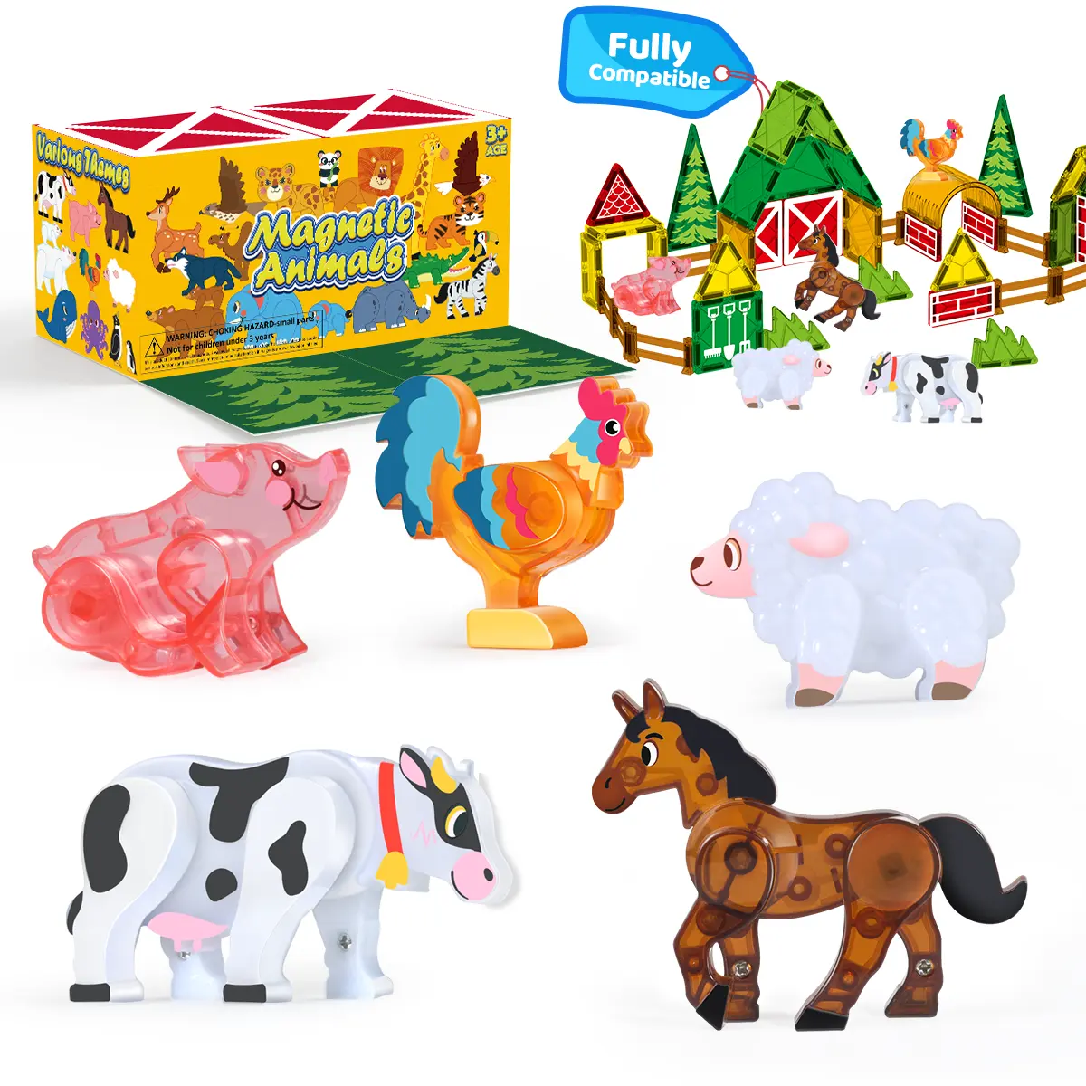 Magnetic tile 3D animal farm toy, 5 children's farm animals, movable joint animal toy suitable for children's magnetic building blocks, STEM educational structure Toyset cool gifts for kids Figurine freak gifts