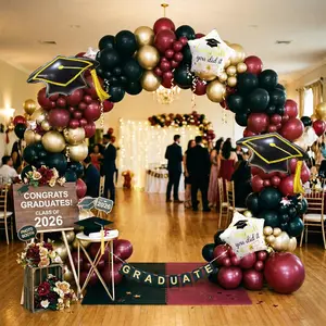 130PCS 2026 Burgundy Gold Black Graduation Balloon Arch Kit Garland Decoration with Graduation Cap Star Foil Balloons for Class of 2026 Grad Party Maroon G