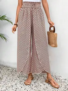 A women's floral fashion versatile wide-leg skirt with side slit, suitable for summer, suitable for beach, sand, party and other occasions