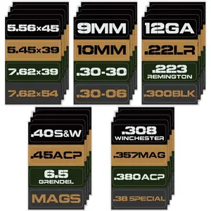 Can Vinyl Sticker Set, Caliber Decal Labels for  Cans .22 .223 .308 9MM .380 .45 5.56 7.62 12GA 300BLK (80 Pack/20 Varieties)