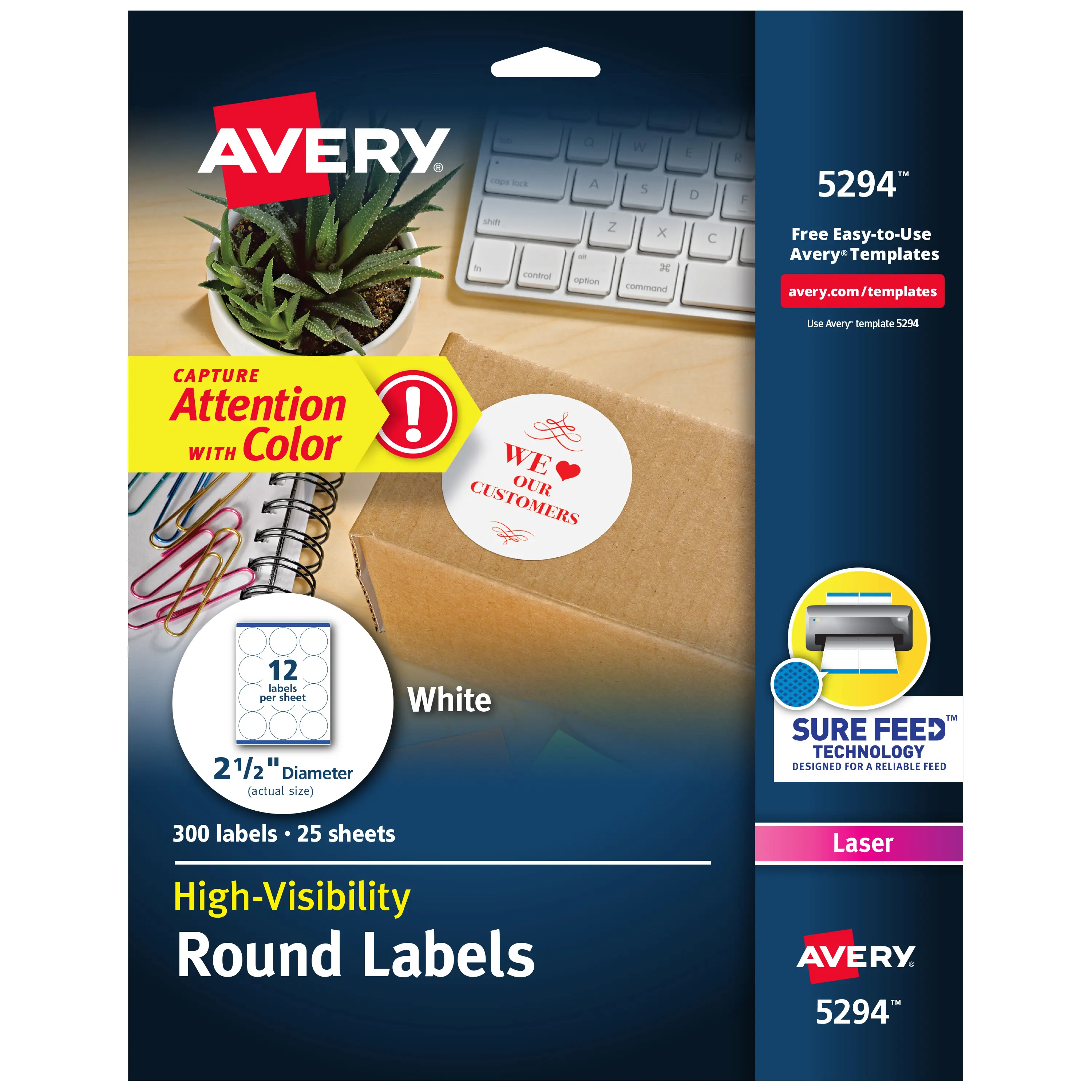 Avery Round Printable Labels, 2.5" Diameter, Matte White, Sure Feed Technology, Laser & Inkjet Compatible, 300 Blank Labels Total (5294)
