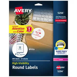 Avery Round Printable Labels, 2.5" Diameter, Matte White, Sure Feed Technology, Laser & Inkjet Compatible, 300 Blank Labels Total (5294)