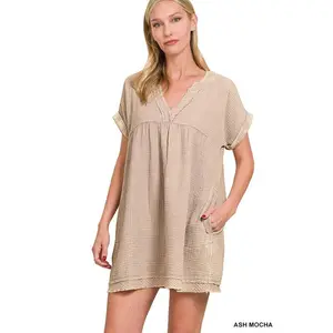 Washed Double Gauze Raw Edge V-neck Dress