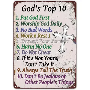 KHOPCHE God's Top Ten Retro Metal Tin Sign Ten Commandments Bible Verse Wall Poster Antique Tin Signs for Home Kitchen Cafe Coffee Store Room Decor 8x12 Inch