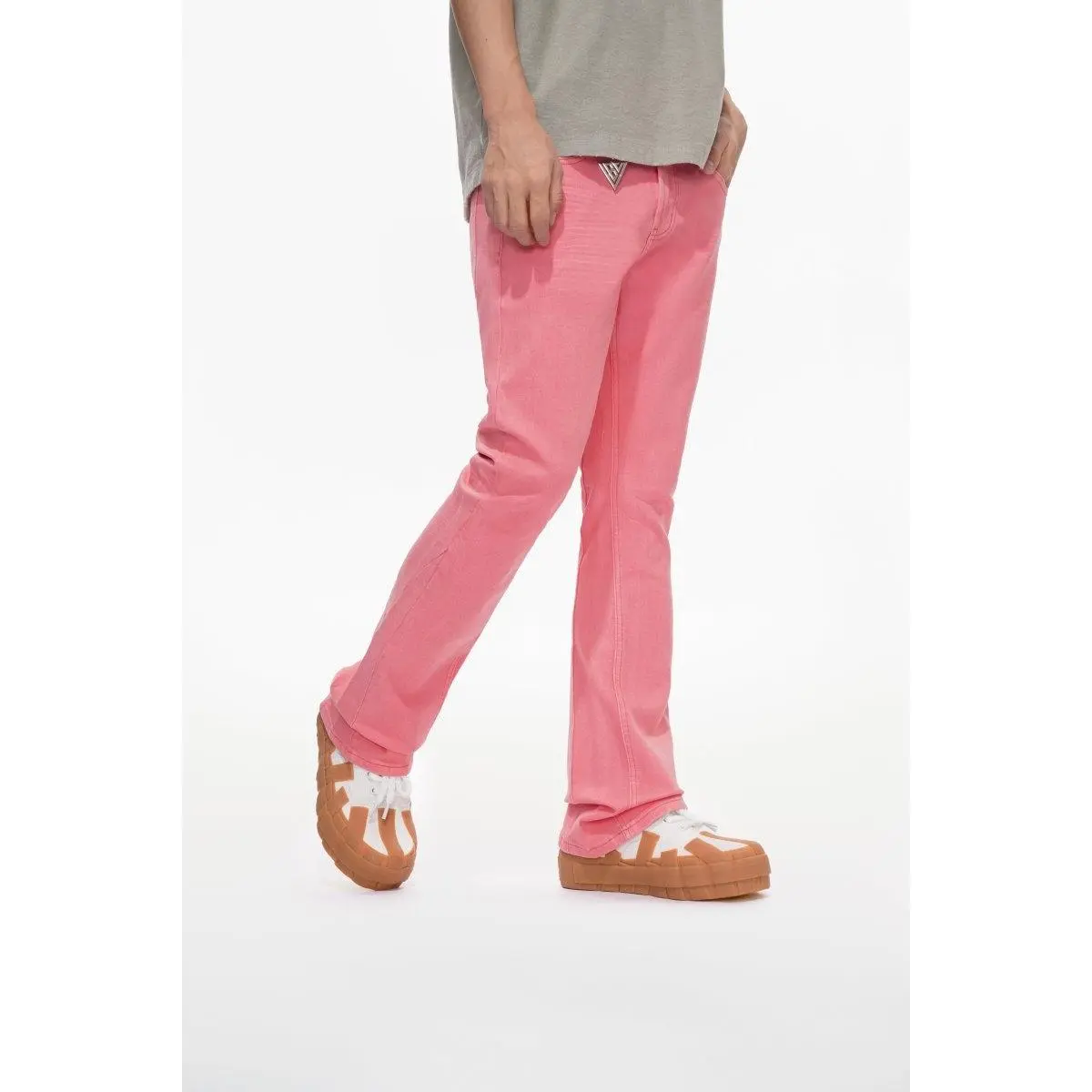 Men's Light Coral Waxed Stacked Fit Jeans - Menswear Streetwear Casual Ankle-Length Bottoms, Spot Clean, Do Not Iron, Hang Dry