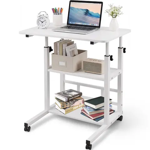 32" Rustic Portable Rolling Adjustable Height Standing Desk with Wheels & Storage Shelves - Home Office Workstation, Home Study Table, Laptop PC Desk for Small Spaces, Drafting Table