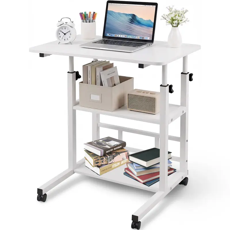 32" Rustic Portable Rolling Adjustable Height Standing Desk with Wheels & Storage Shelves - Home Office Workstation, Home Study Table, Laptop PC Desk for Small Spaces, Drafting Table
