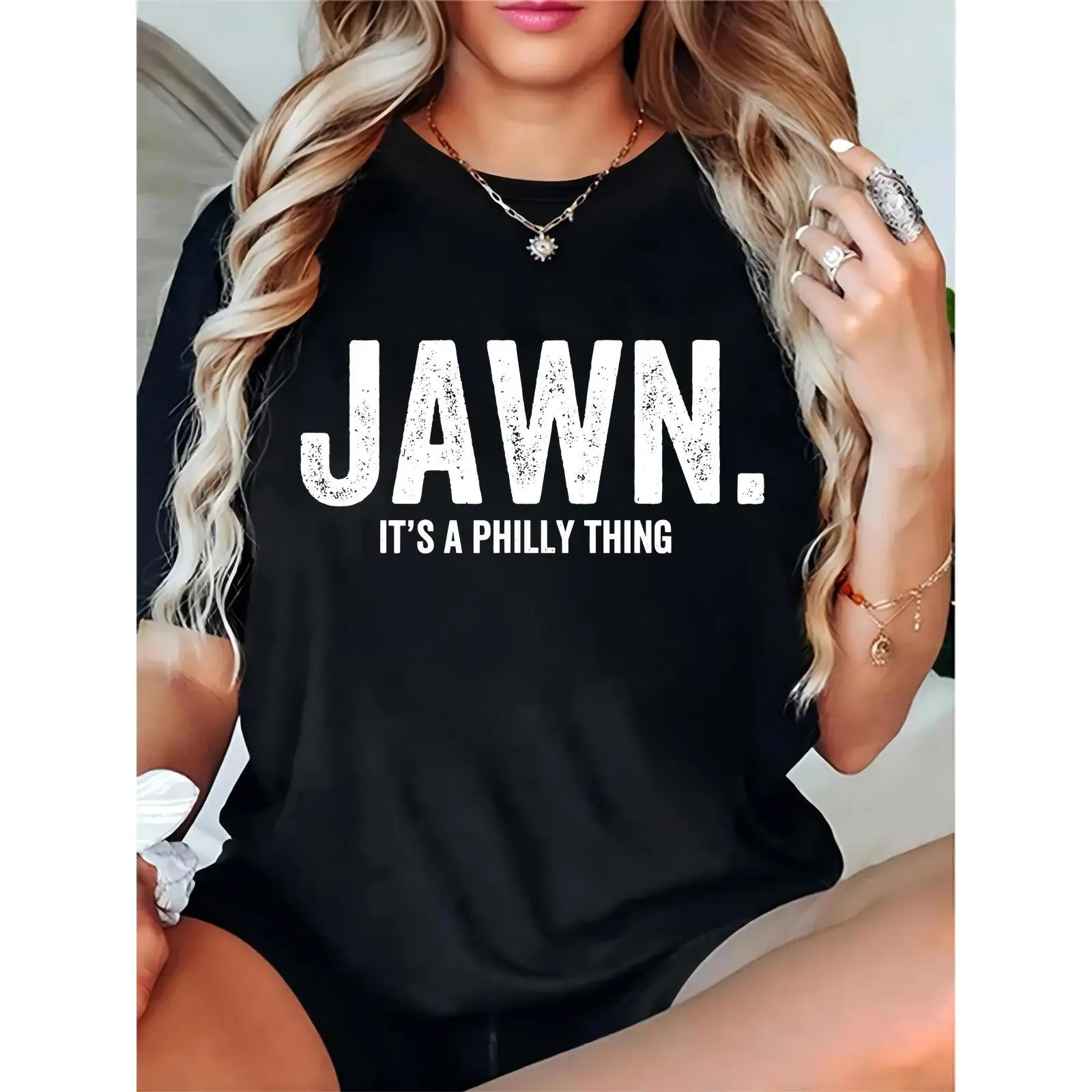 Women's Black Distressed 'JAWN. IT'S A PHILLY THING' T-Shirt – Casual Philly Pride Streetwear for Daily Wear, Concerts, City Outings