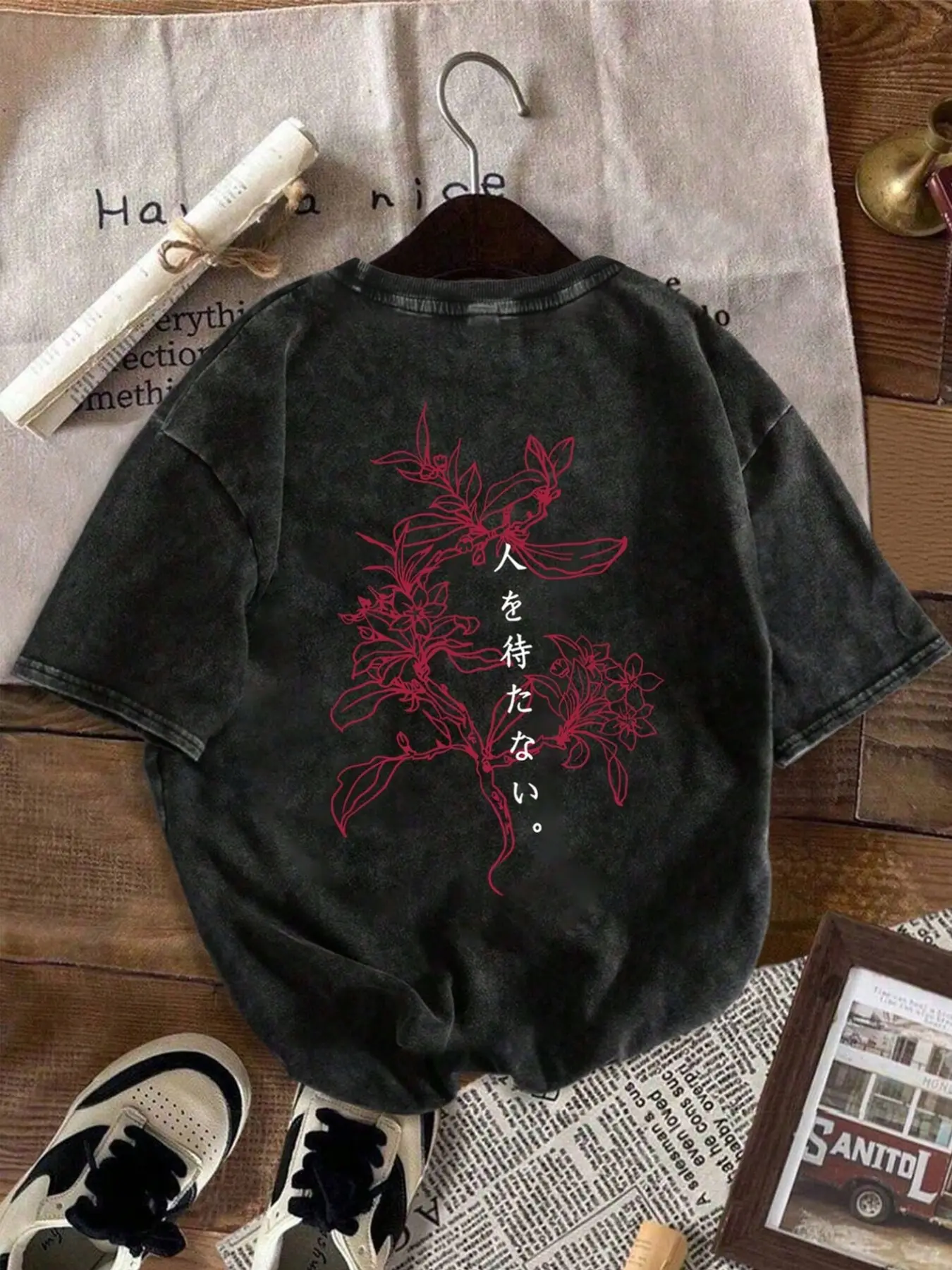 Vintage Japanese Kanji Floral Graphic Loose Cotton T-Shirt Menswear Streetwear, Acid Wash Back Print, Casual Summer Street Style, Daily Wear, Casual Graphic Tee
