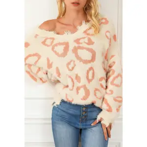 Leopard Animal Print Distressed Trim Fuzzy Sweater