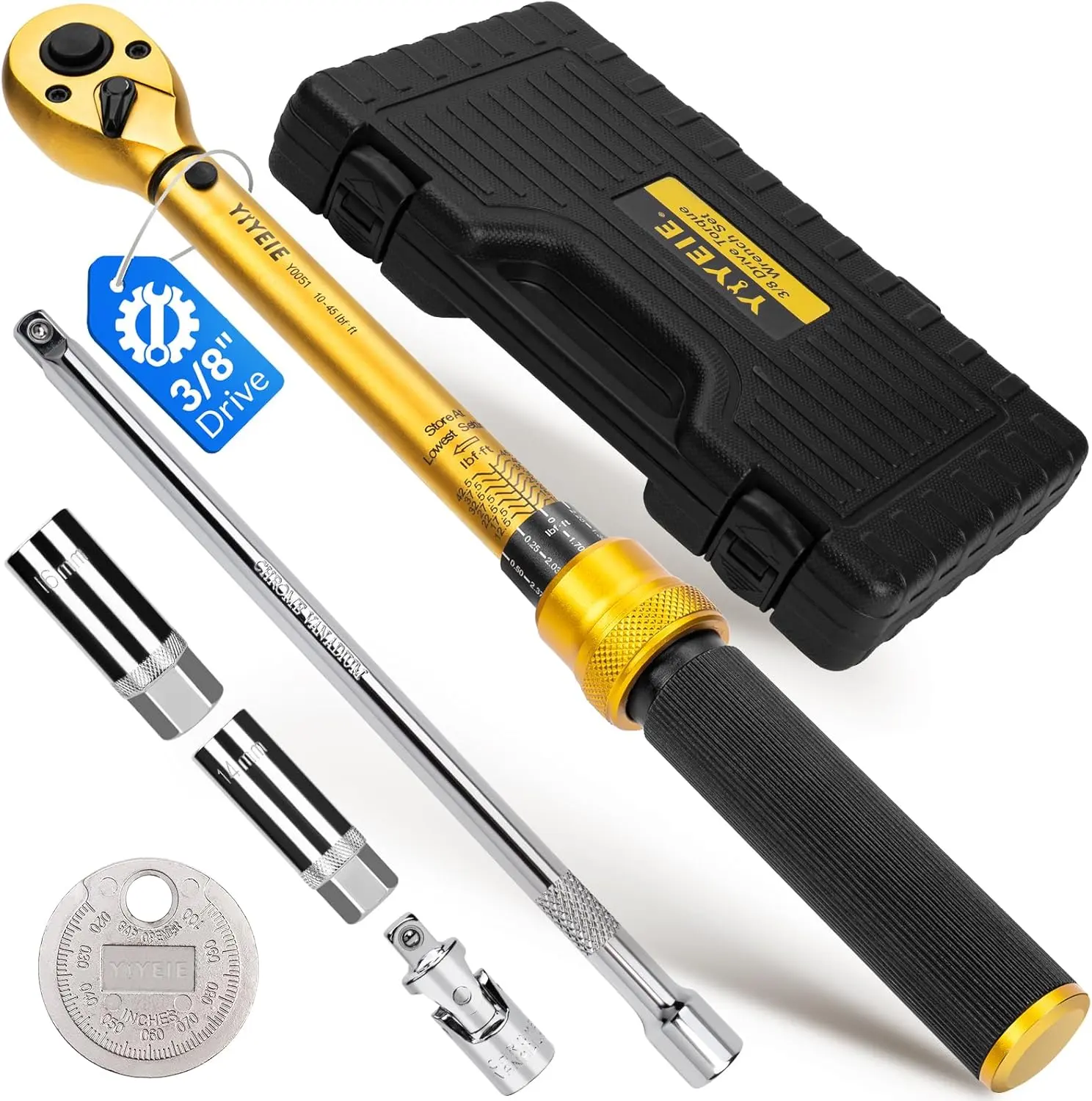 YIYEIE 3/8-Inch Drive Ratcheting Wrench Set with Wrench Extension, 10-45 FT.LB (13.6-61Nm), Magnetic Spark Plug Socket Set, 12-Point 14mm & 16mm Sockets, Spark Plug Gap Tool, ±3% Accuracy, 72-Tooth for Car Repair