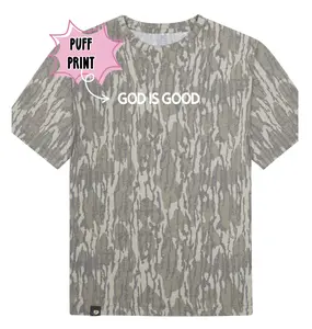 GOD IS GOOD Camo Puff Print Christian Tshirt
