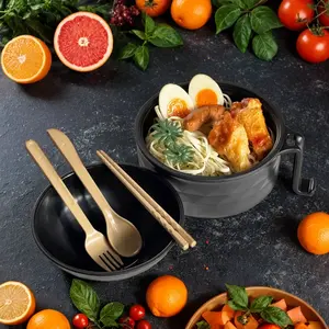 Lazy People Instant Noodle Bowls 1-Piece Set with Drain Bowl, Built-in Mobile Phone Holder & Tableware for Dishwasher and Microwave Use - Cutlery