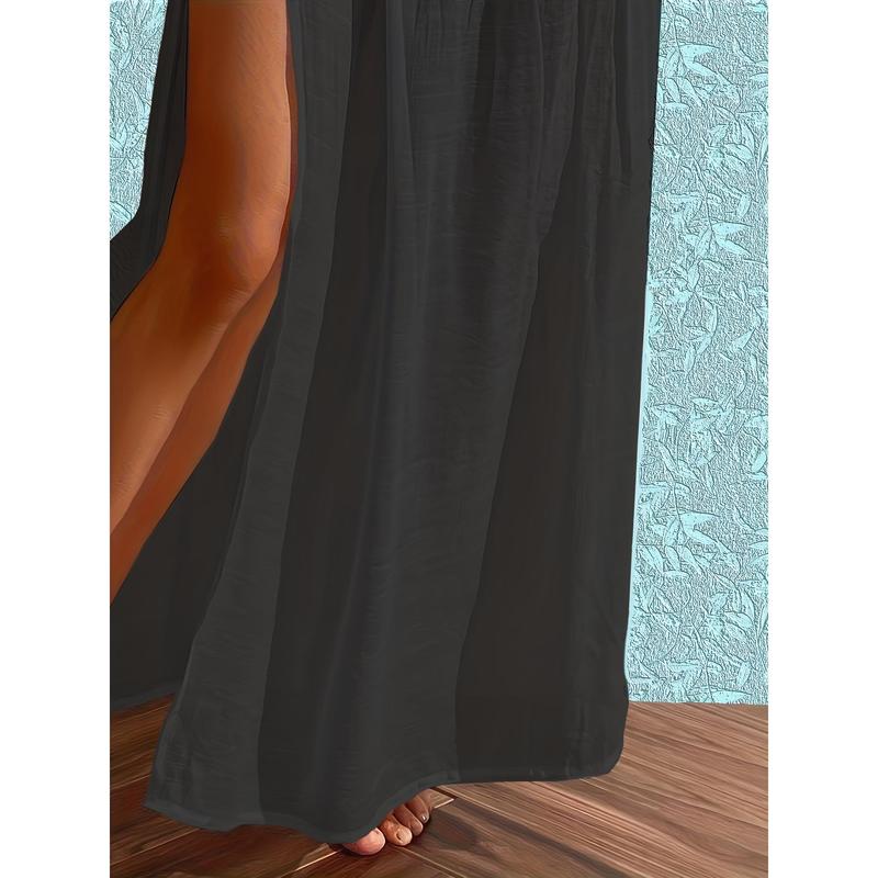 Vibrant Solid Color Shirred Waist Maxi Coverup Skirt - Flowy, Split Thigh,Summer Bottom Basic Chic Elegant Womenswear Minimalist White Vibrant Solid Color Shirred Waist Maxi Coverup Skirt - Flowy, Split Thigh,Summer Bottom Basic Chic Elegant Womenswear Minimalist White