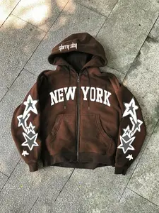 Unisex design, urban style, streetwear, avant-garde black zipper hoodie with fleece lining, featuring New York-themed lettering and star patterns. Perfect for urban, Y2K, campus, hip-hop, fashion, trendsetting, and everyday wear.