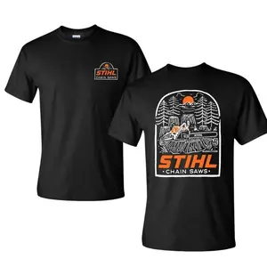 STIHL Chain Saws T-Shirt – Chainsaw and Forest Sunset Graphic, Perfect Gift for Loggers and Outdoor Workers, Men's Cotton Tee