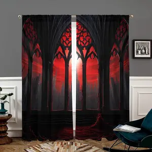 Gothic Window View Pattern Curtain, 2 Counts/set Retro Style Door Curtain, Fashionable Window Cover, Room Decor Curtain for Home Living Room Bedroom Kitchen Bathroom