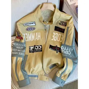 Autumn Embroidered PU Baseball Jacket for Men and Women High Street Vintage Handsome Racing Suit Collar Leather Menswear Coats Collared Khaki